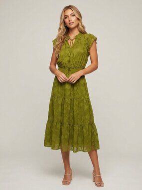 Haver London Moss Green Floral Textured Midi Dress Large 40050
